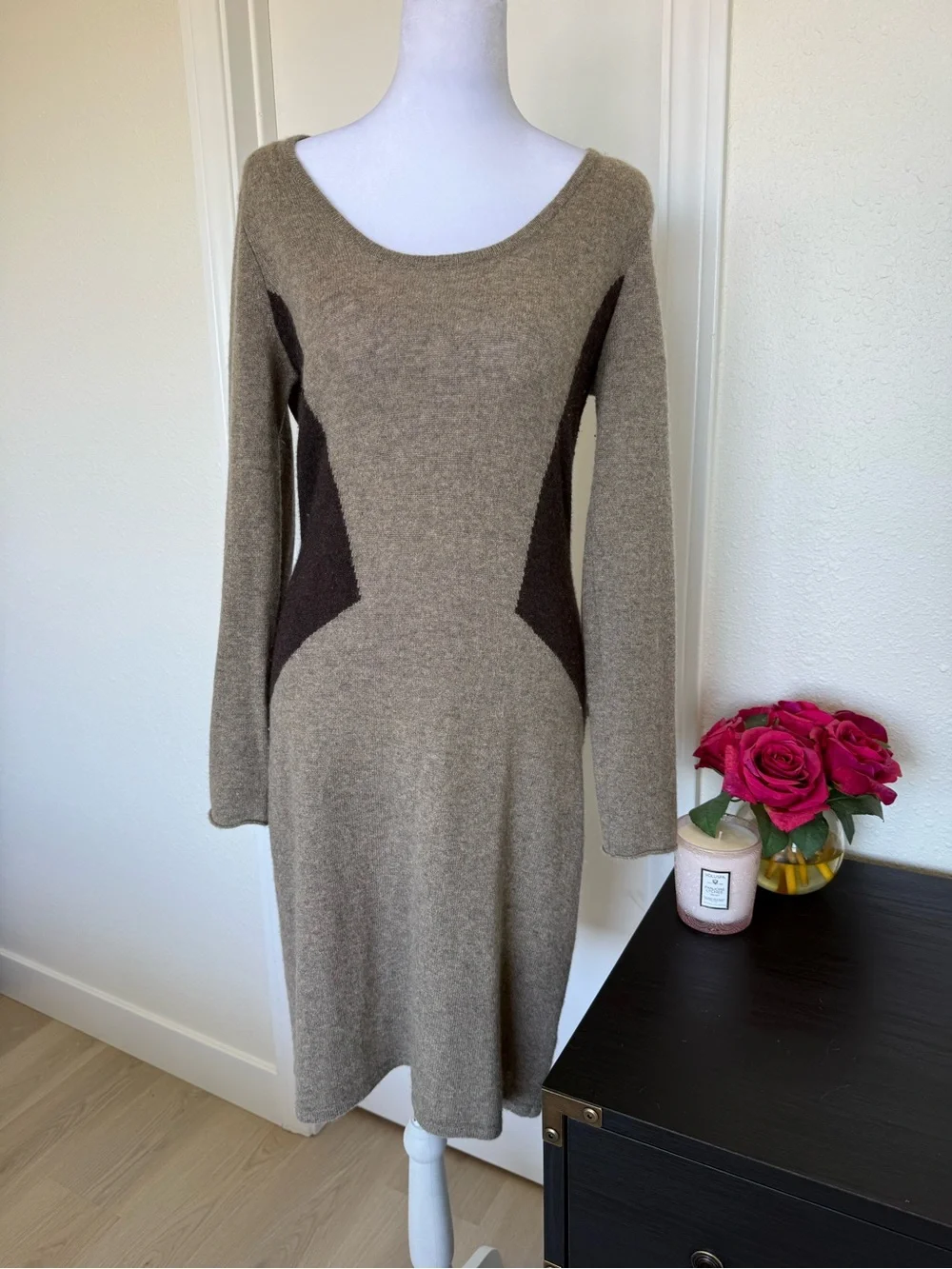 Cashmere Beige Knit Long Sleeve Dress with Contrast Panels - Picture 1 of 5